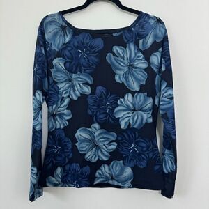Casual Corner Women's Y2K Blue Floral Long Semi Sheer Sleeve  L